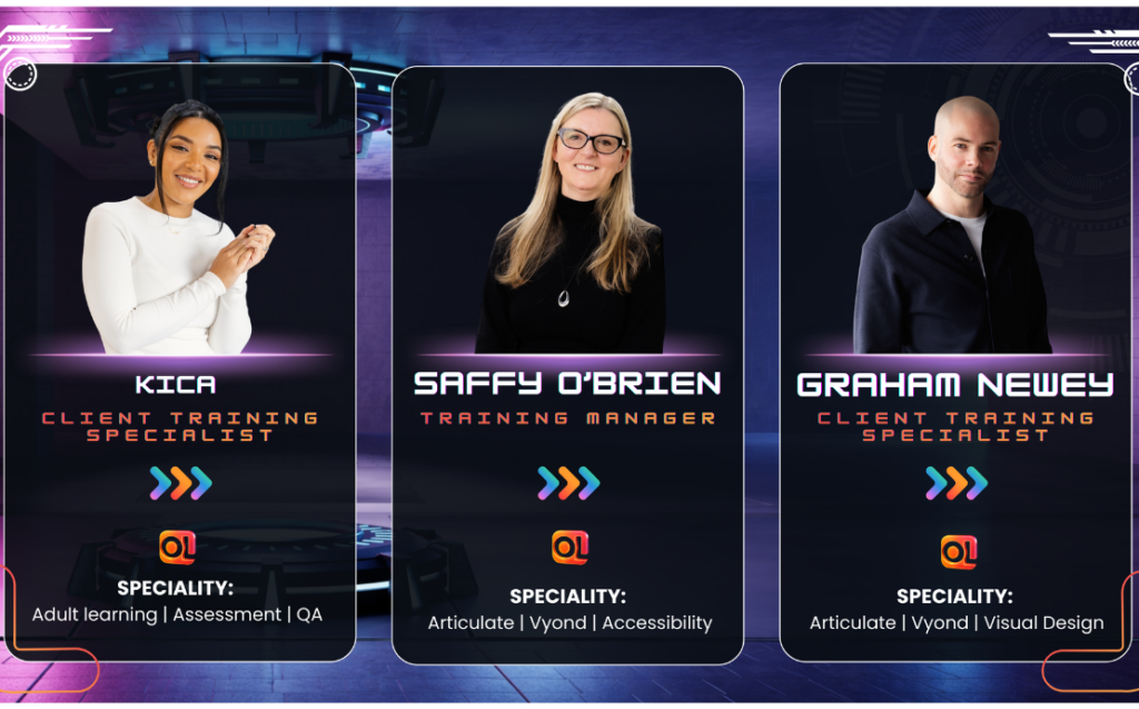 Meet the trainers trading cards, in a space mission control themed design, featuring Kica, Saffy O'Brien and Graham Newey