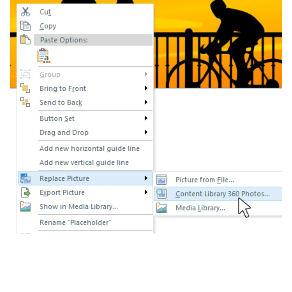 A screenshot of the Articulate edit menu, hovering over 'Replace picture' option