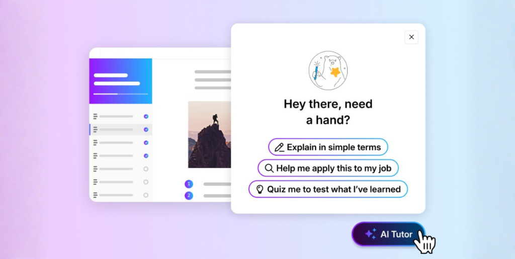 A screengrab showing Articulate 360's AI Tutor in action. The chatbot reads: "Hey there, need a hand?", with the following options: Explain in simple terms; Help me apply this to my job; Quiz me to test what I've learnt