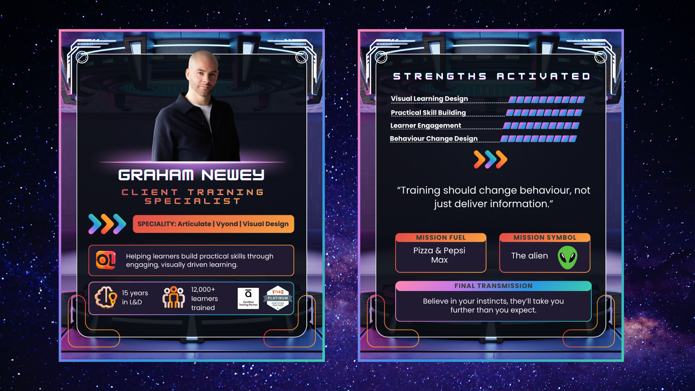 Double-sided meet the trainer trading card for Kica