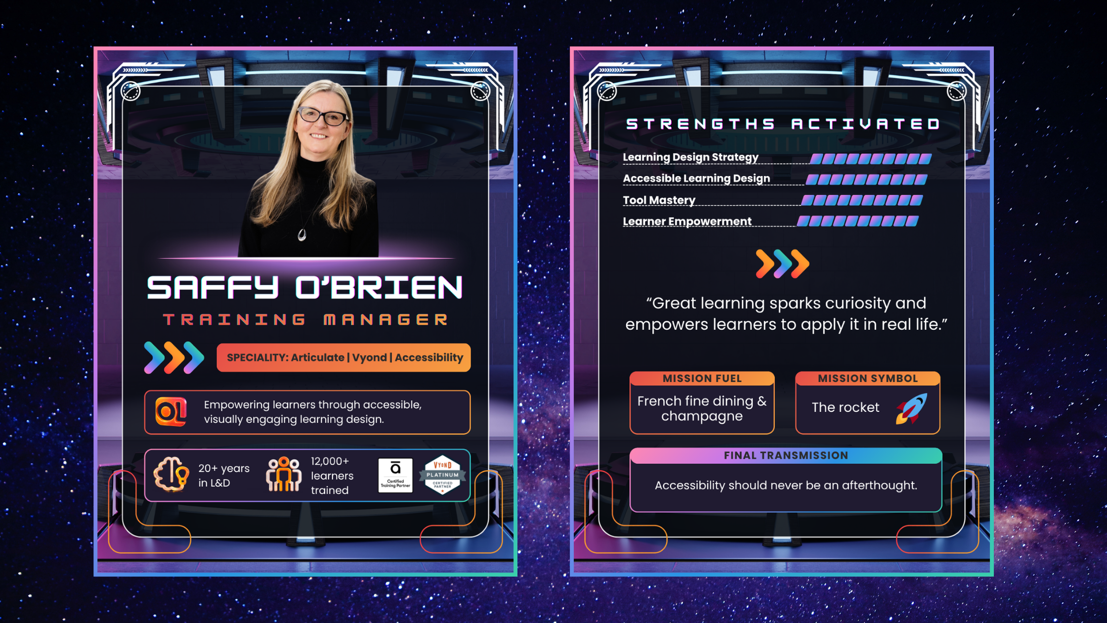Double-sided meet the trainer trading card for Saffy O'Brien